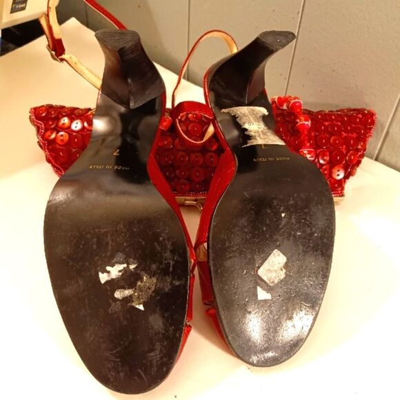 A. Gianetti Made in Italy Red Leather Croc Embossed Peep Toe Slingback S… - Picture 4 of 8